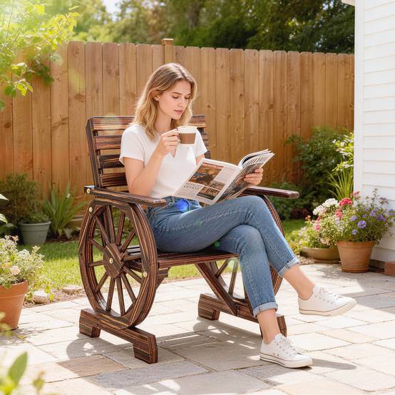 Fauteuil de jardin en bois style campagne avec design roues de chariot, bois carbonisé, élégant et pratique - Image 2