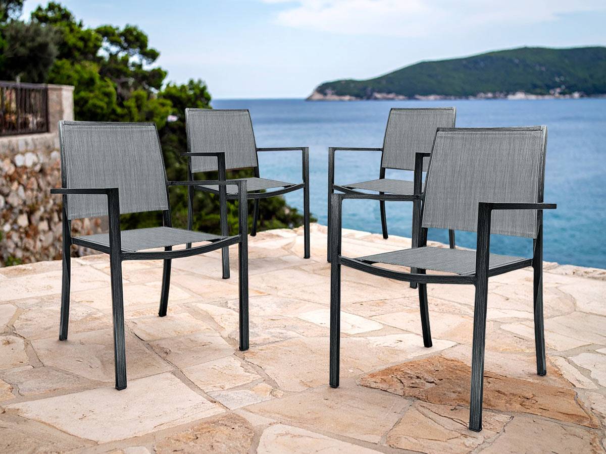 Lot de 4 Fauteuils de jardin en aluminium et textilène empilable aspect teck gris SANTORIN - Jardiline - Imagen 2