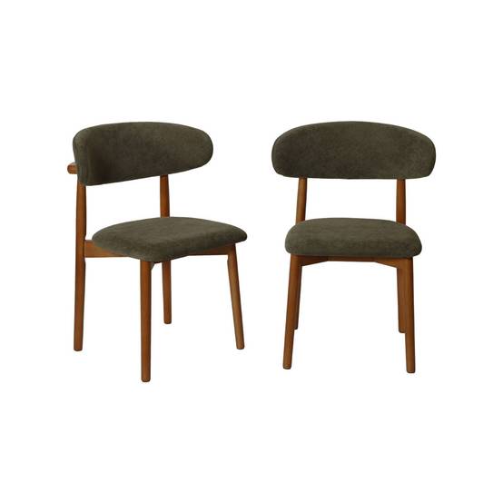 sweeek - Lot de 2 chaises bois d'hévéa noyer et tissu chenille kaki - Paola | sweeek - Image 2