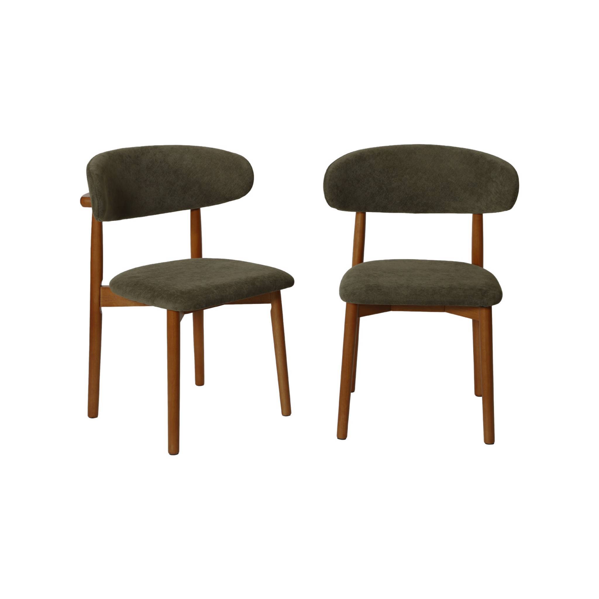 sweeek - Lot de 2 chaises bois d'hévéa noyer et tissu chenille kaki - Paola | sweeek - Image 2