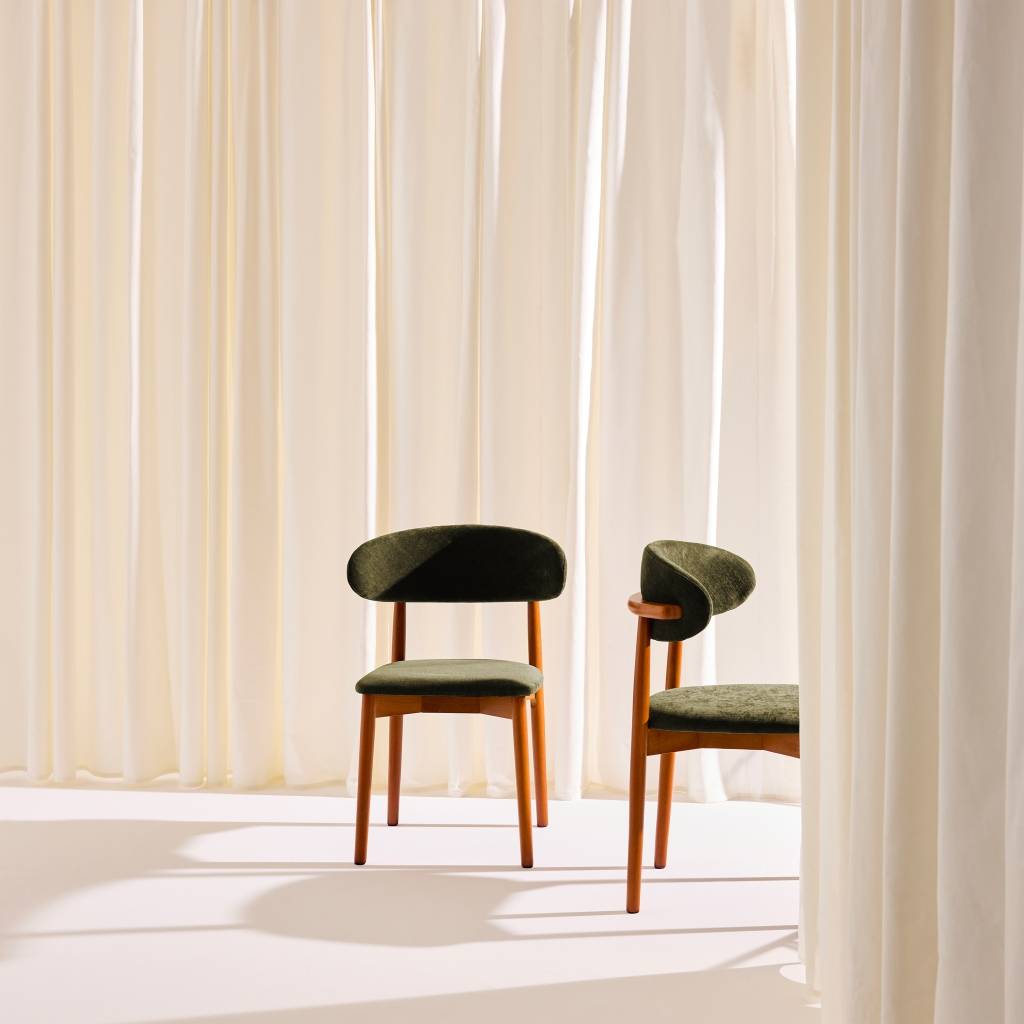 sweeek - Lot de 2 chaises bois d'hévéa noyer et tissu chenille kaki - Paola | sweeek - Image 1