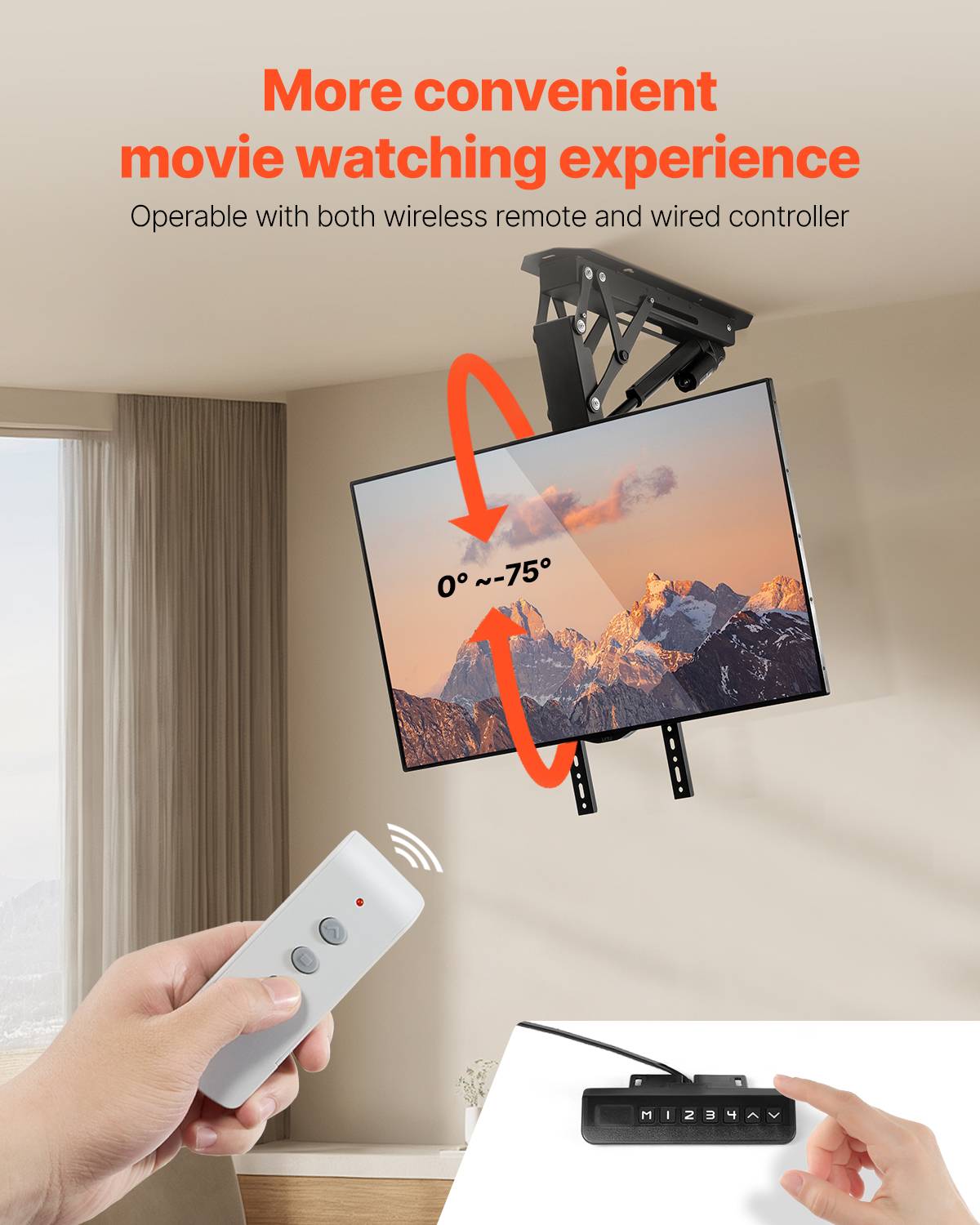 VEVOR Support TV plafond motorisé 32-65", réglable électriquement, charge 40kg, VESA 600x600mm. - Image 5