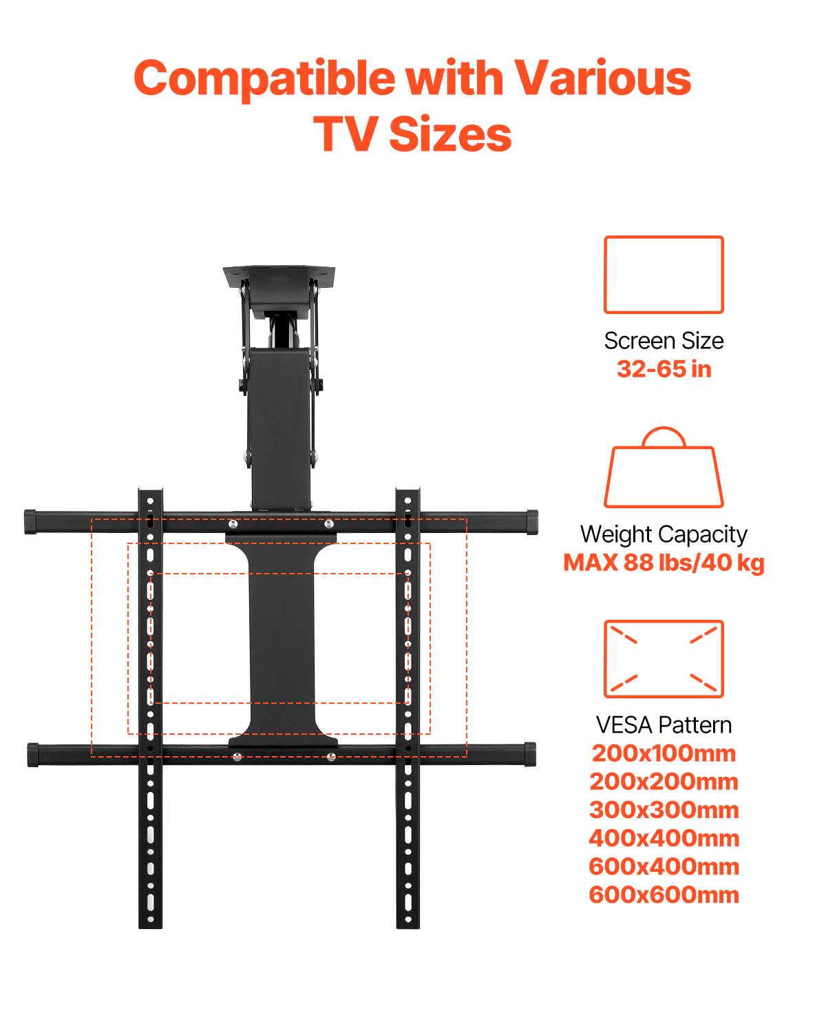VEVOR Support TV plafond motorisé 32-65", réglable électriquement, charge 40kg, VESA 600x600mm. - Image 3