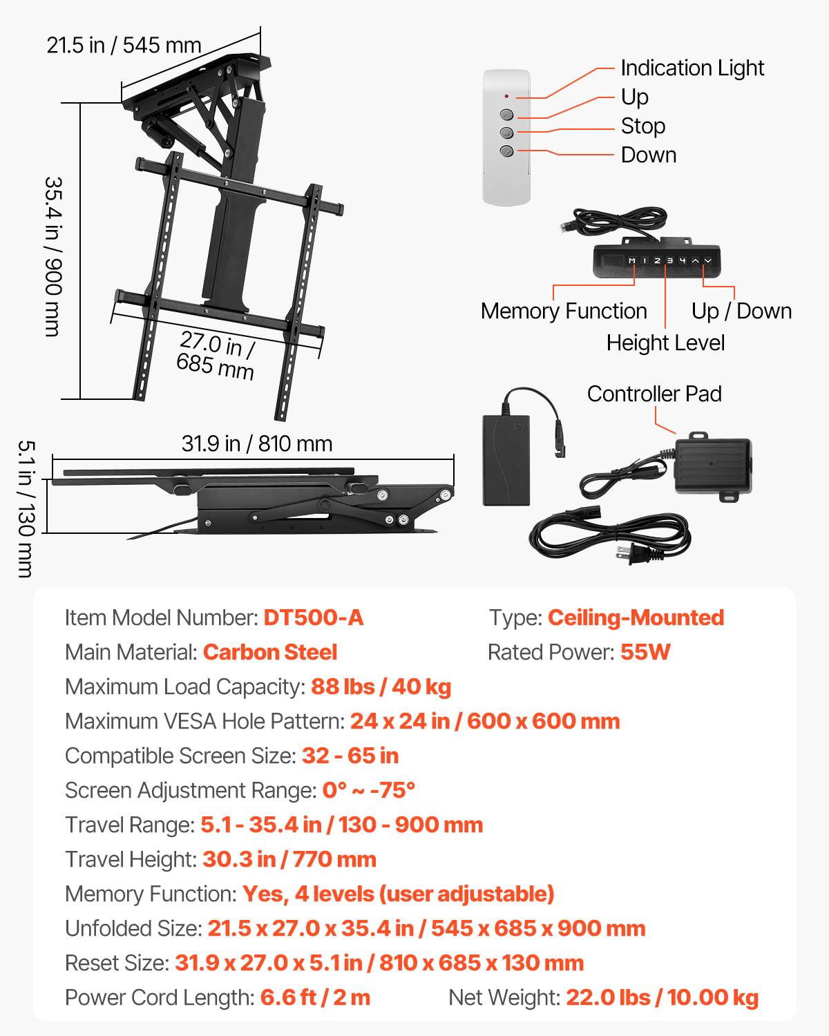 VEVOR Support TV plafond motorisé 32-65", réglable électriquement, charge 40kg, VESA 600x600mm. - Image 7