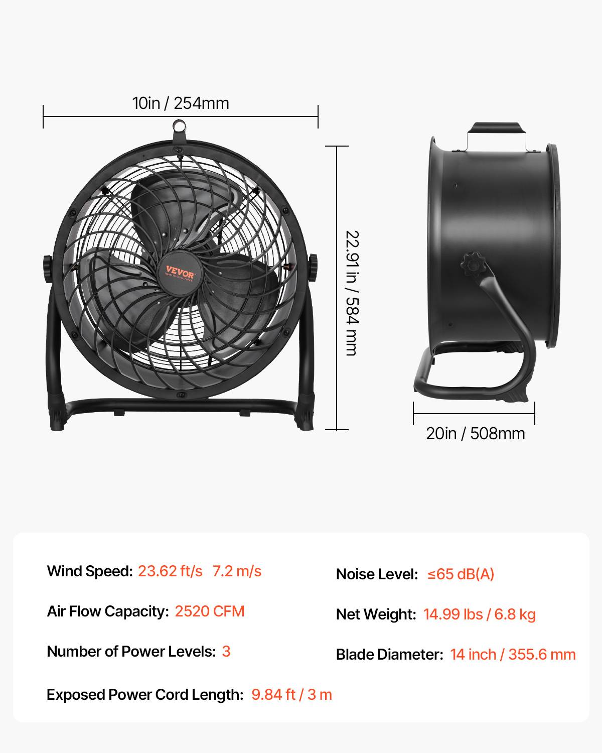 VEVOR Ventilateur sol 3 vitesses, métal 355.6mm, inclinaison 360°. - Image 7
