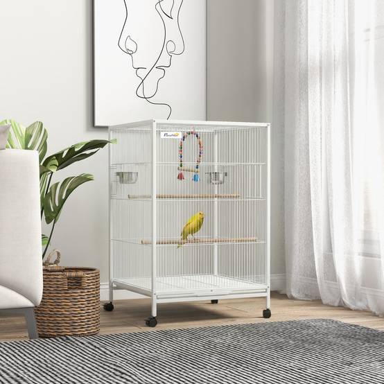 Volière intérieure sur roulettes en Acier pour Perruches et Canaris Cage spacieuse avec accessoires 78cm Blanc - ComfortXL Outdoor Living - Image 3