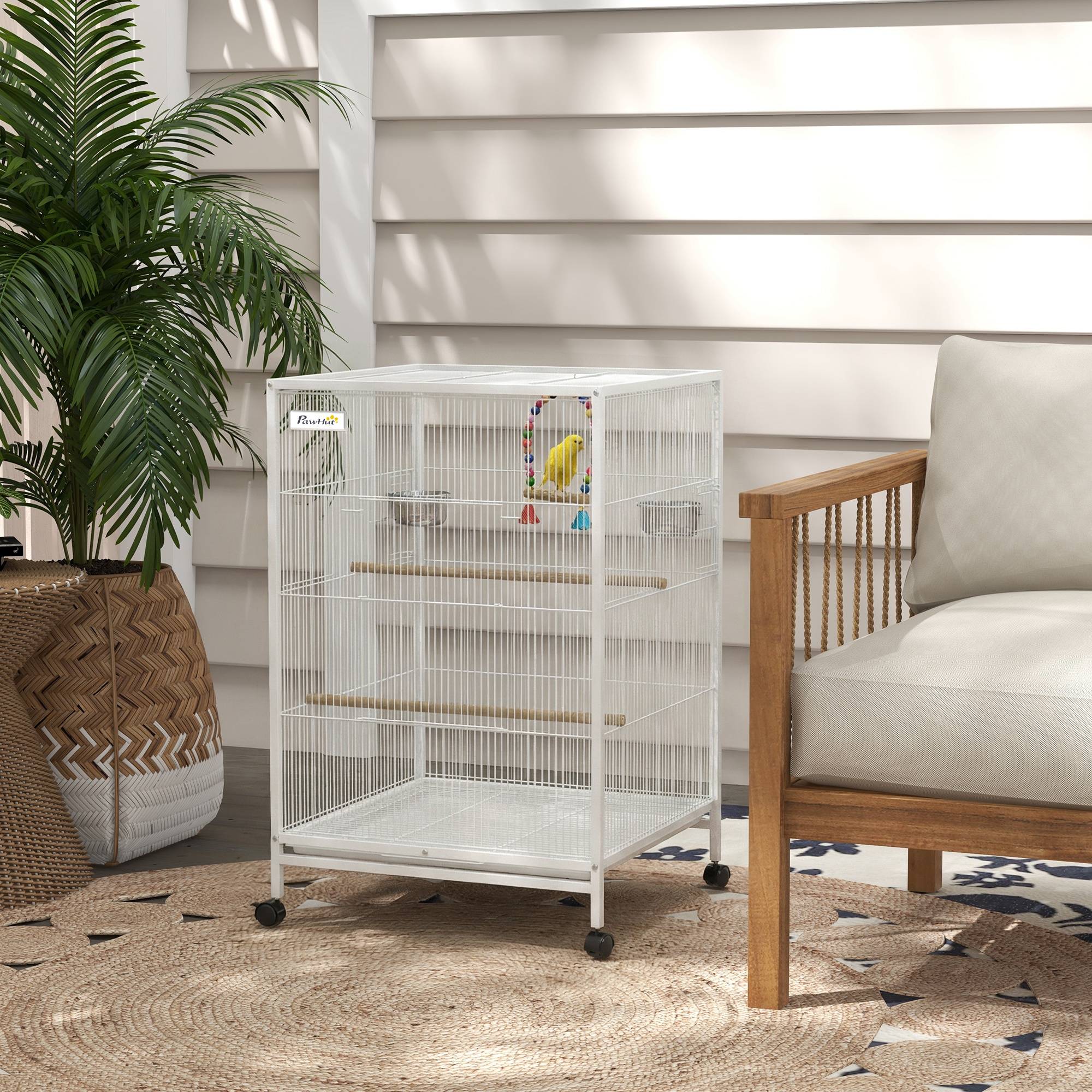 Volière intérieure sur roulettes en Acier pour Perruches et Canaris Cage spacieuse avec accessoires 78cm Blanc - ComfortXL Outdoor Living - Image 4