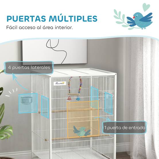 Volière intérieure sur roulettes en Acier pour Perruches et Canaris Cage spacieuse avec accessoires 78cm Blanc - ComfortXL Outdoor Living - Image 6