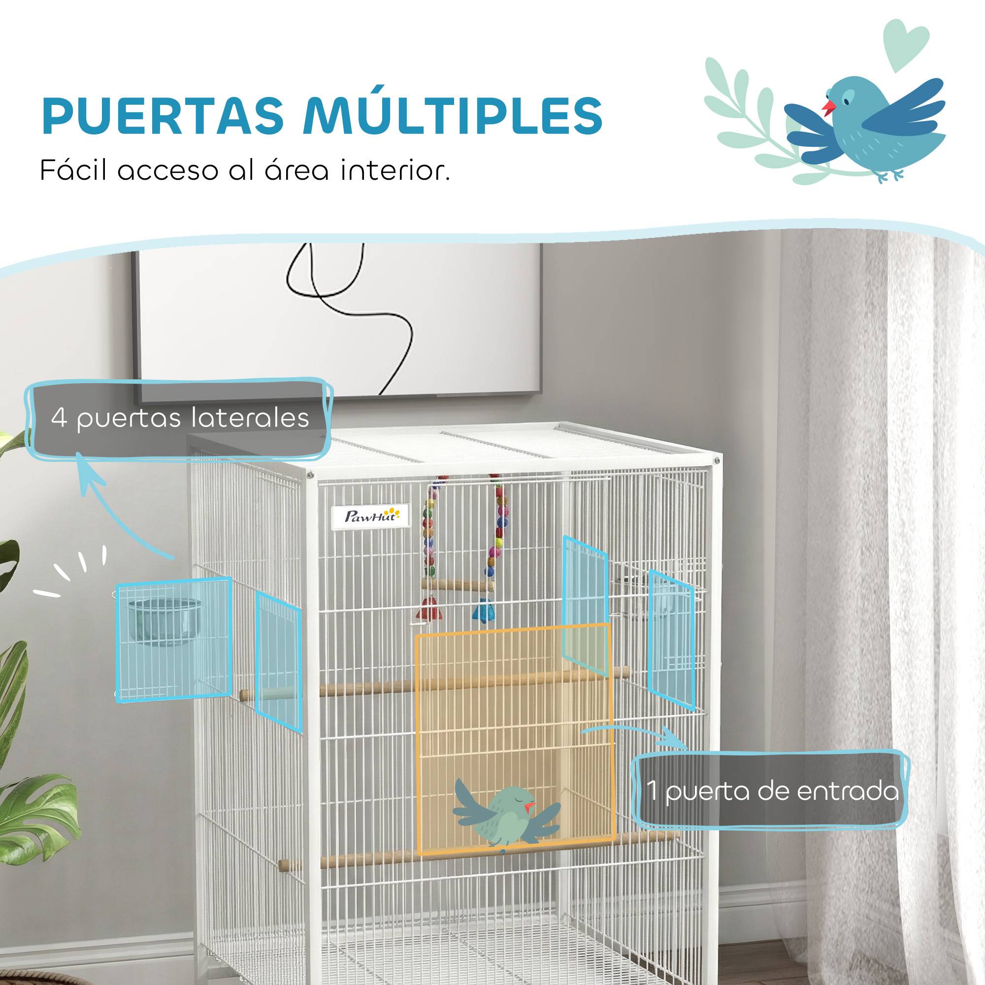 Volière intérieure sur roulettes en Acier pour Perruches et Canaris Cage spacieuse avec accessoires 78cm Blanc - ComfortXL Outdoor Living - Image 6