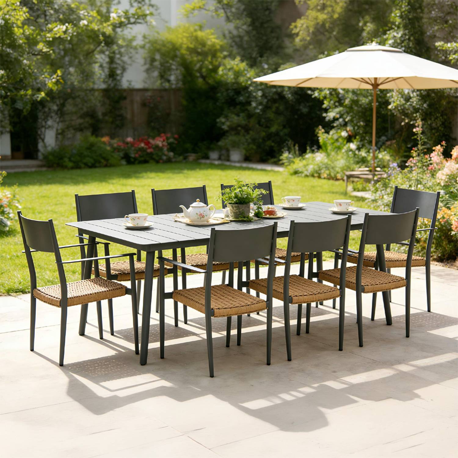 Ensemble table de jardin 200 cm et 8 fauteuils gris foncé effet rotin CANBERRA - Image 2