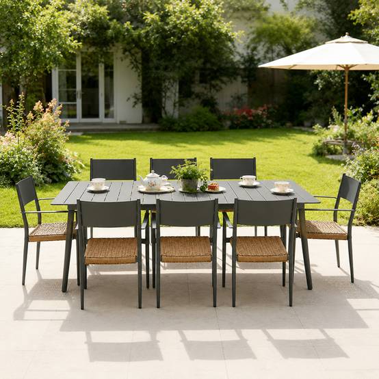 Ensemble table de jardin 200 cm et 8 fauteuils gris foncé effet rotin CANBERRA - Image 5