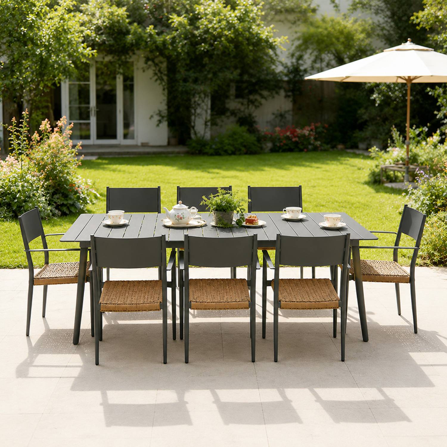 Ensemble table de jardin 200 cm et 8 fauteuils gris foncé effet rotin CANBERRA - Image 5