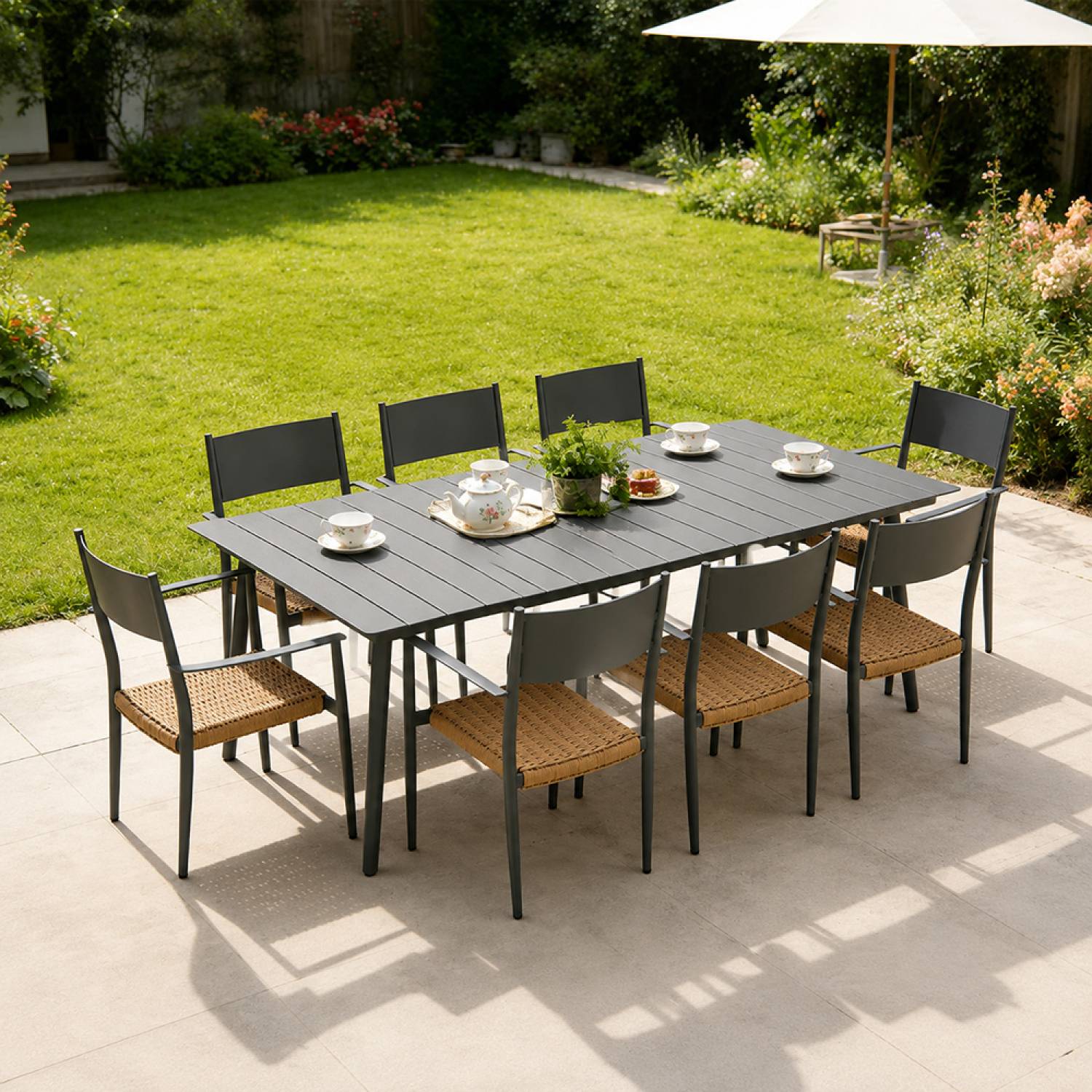 Ensemble table de jardin 200 cm et 8 fauteuils gris foncé effet rotin CANBERRA - Image 6
