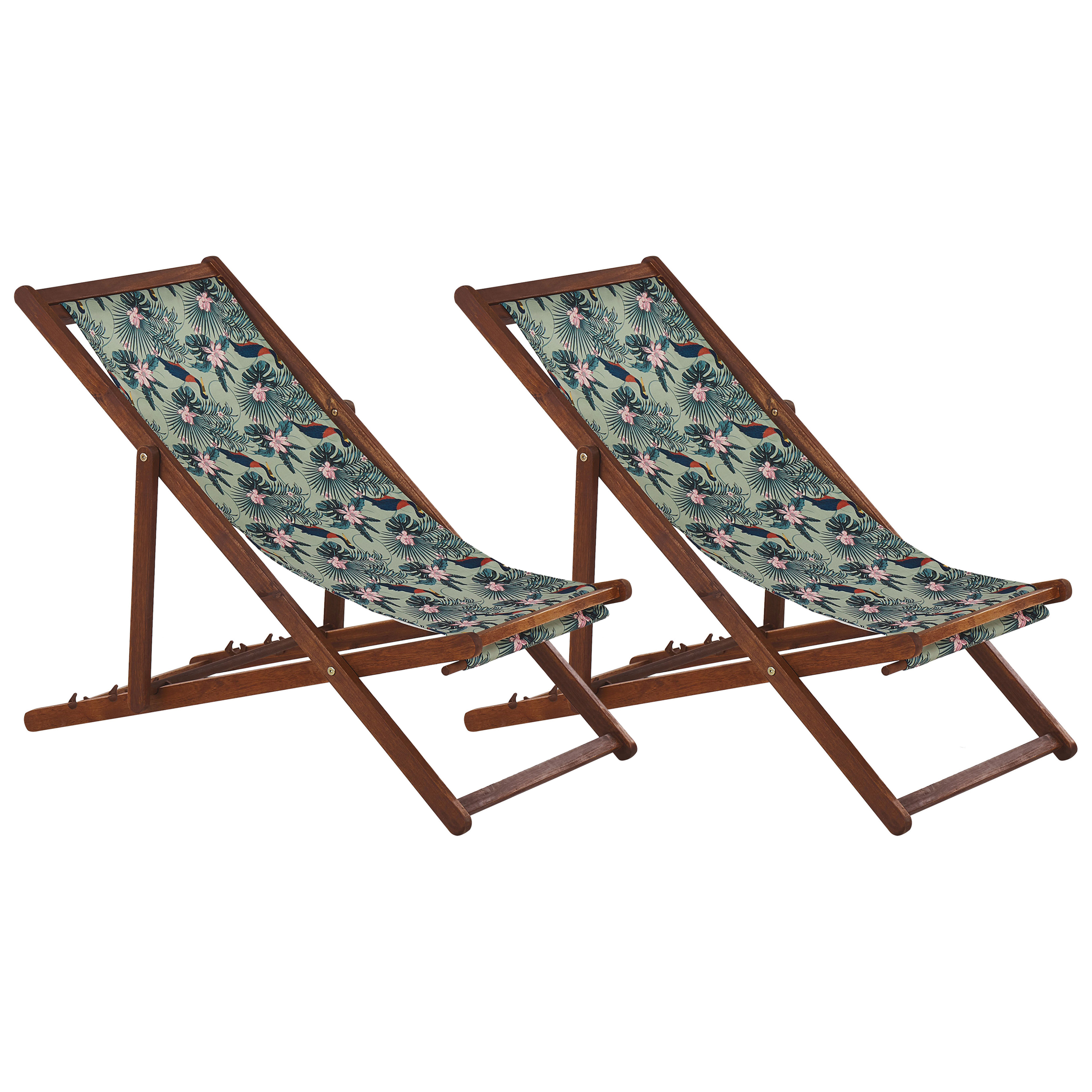 Beliani - 2 Transats Chiliennes Pliantes et Réglables en Bois d'Acacia Foncé et Textile Motif Pélicans avec Toiles de Remplacement - Imagen 4