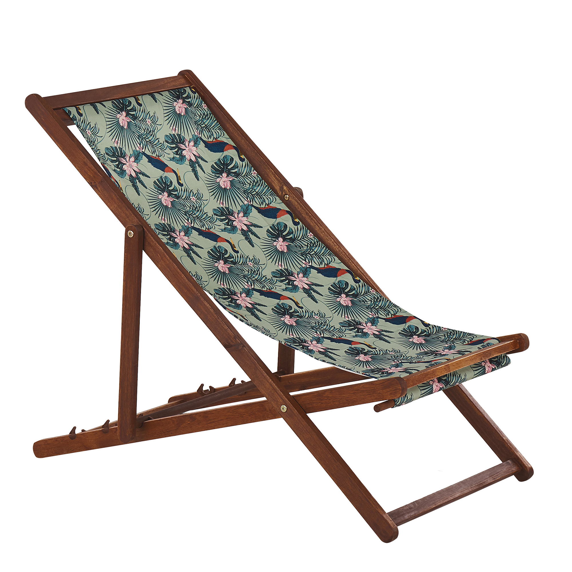 Beliani - 2 Transats Chiliennes Pliantes et Réglables en Bois d'Acacia Foncé et Textile Motif Pélicans avec Toiles de Remplacement - Imagen 5