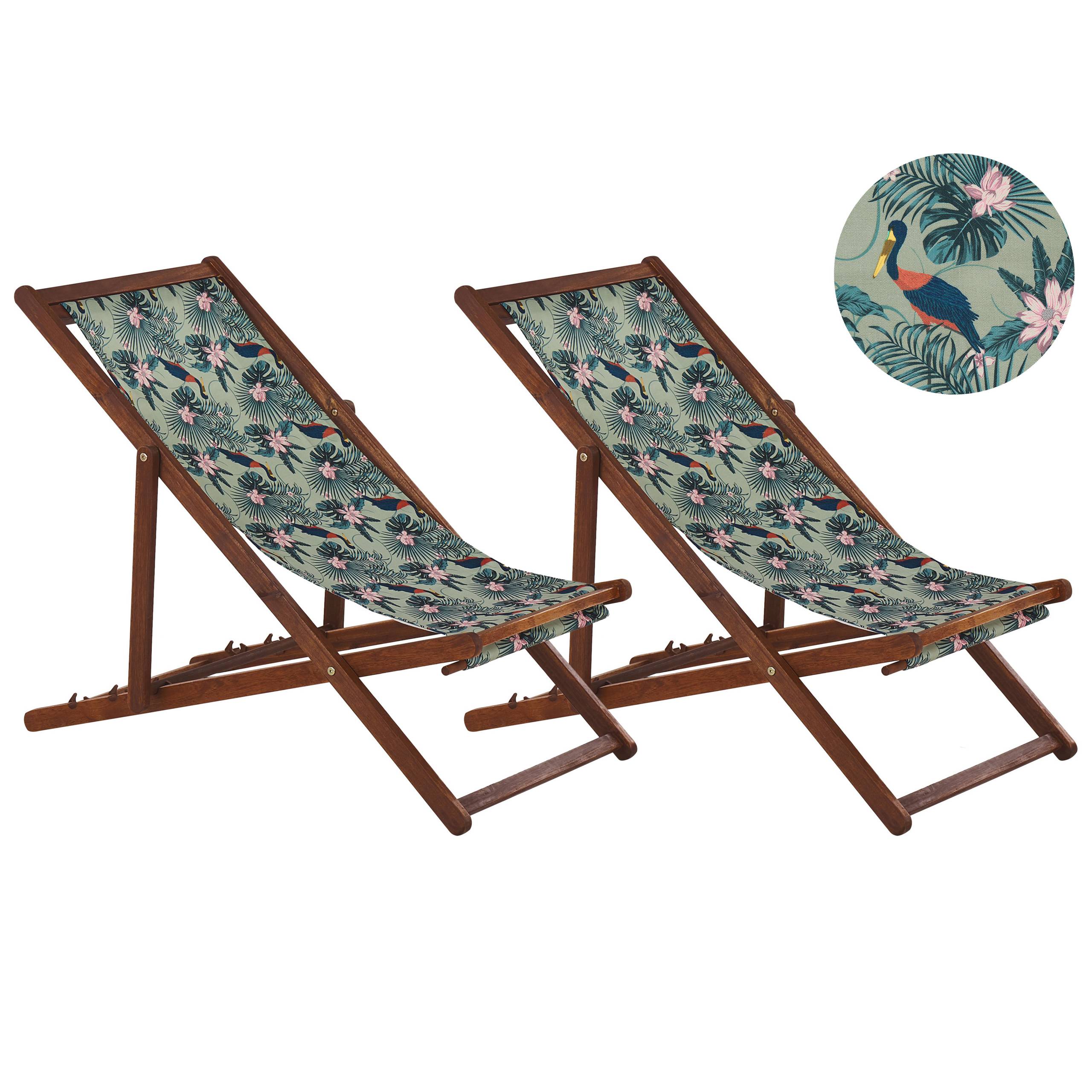 Beliani - 2 Transats Chiliennes Pliantes et Réglables en Bois d'Acacia Foncé et Textile Motif Pélicans avec Toiles de Remplacement - Imagen 1
