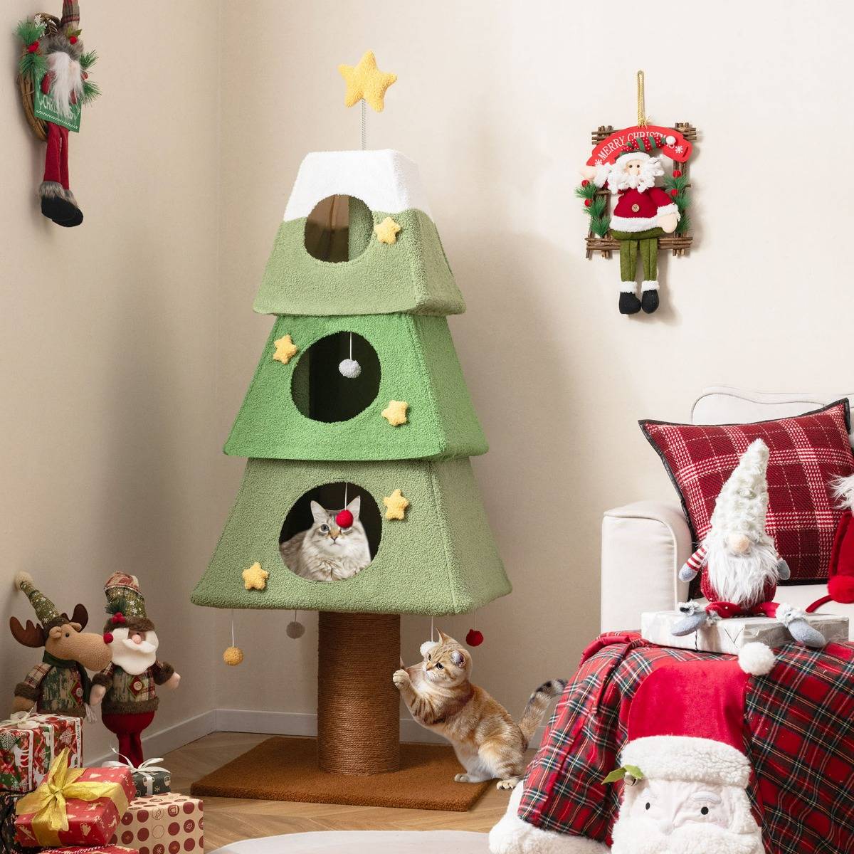 Maison Chic - Grand Arbre à Chat de Noël pour Chats Tour pour Chats de 162cm avec 3 Condos Griffoir Vert - Image 2