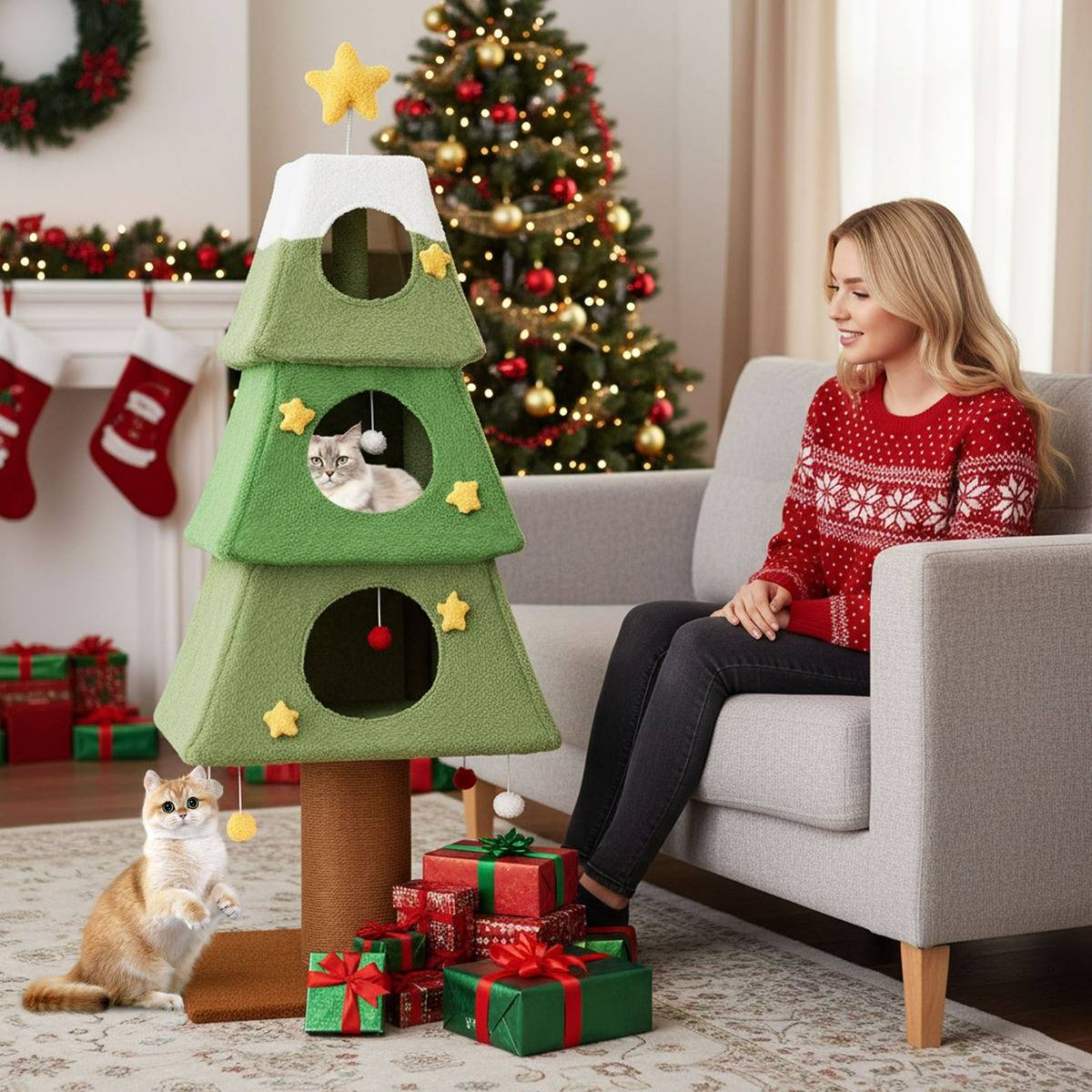 Maison Chic - Grand Arbre à Chat de Noël pour Chats Tour pour Chats de 162cm avec 3 Condos Griffoir Vert - Image 3