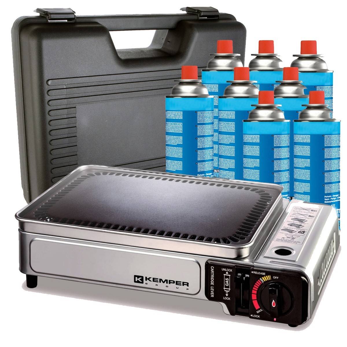 Plancha à gaz portable 2300W + 8 cartouches de gaz + Valise de transport Cuisson extérieure Camping Terrasse Barbecue KEMPER - Imagen 1