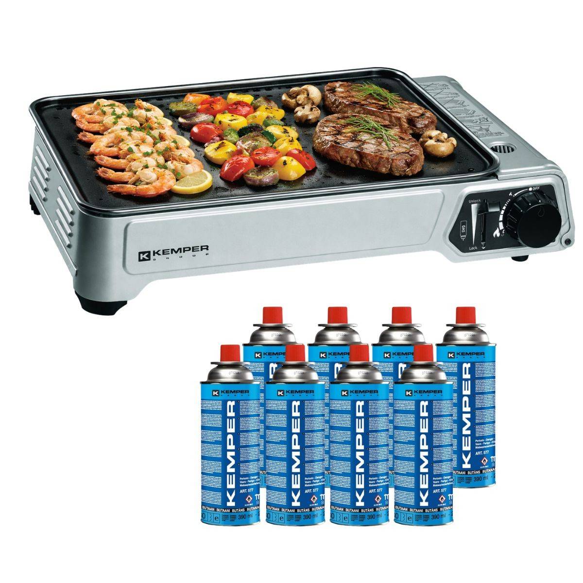 Plancha à gaz portable 2300W + 8 cartouches de gaz + Valise de transport Cuisson extérieure Camping Terrasse Barbecue KEMPER - Imagen 2