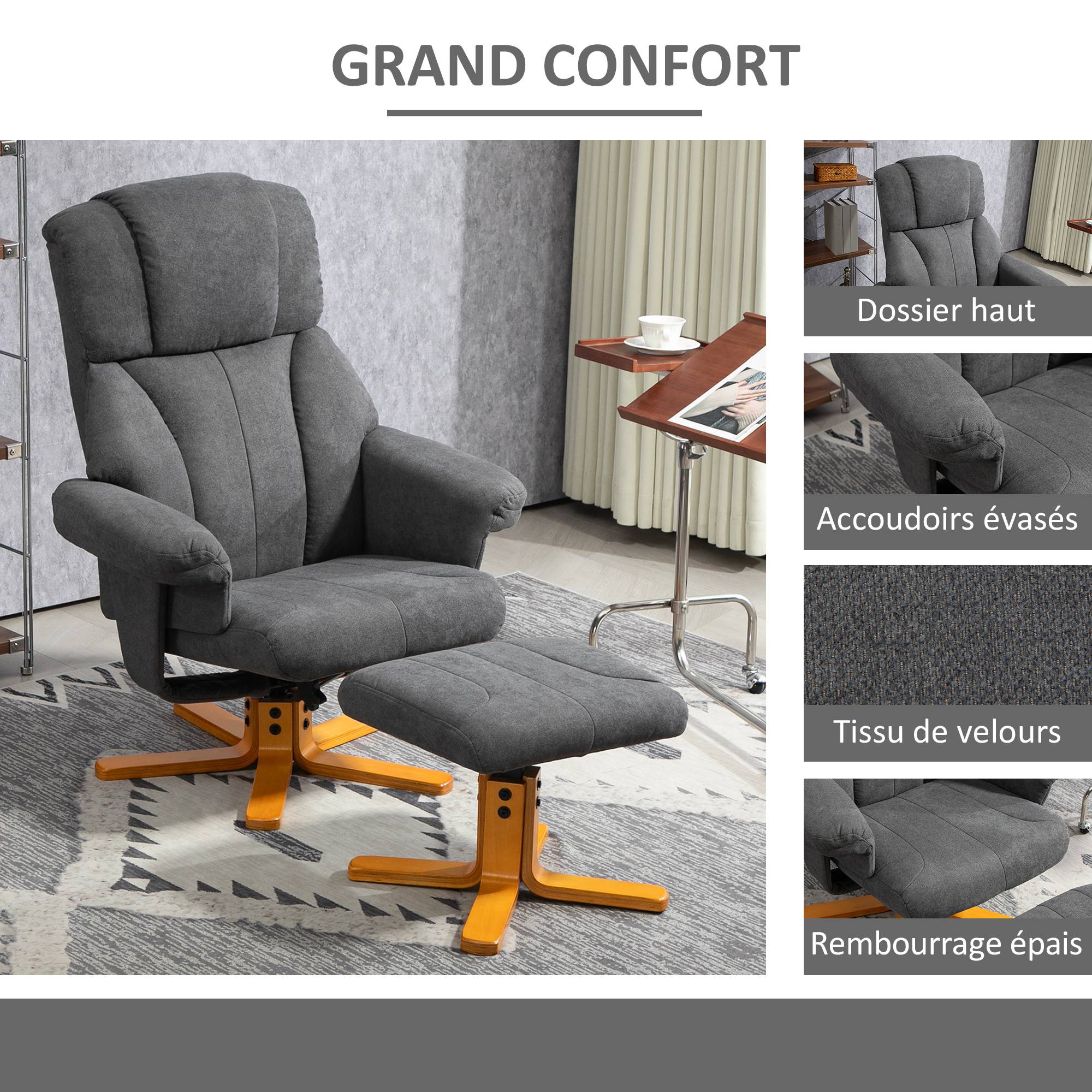 Fauteuil relax avec repose-pied, fauteuil de relaxation, dossier inclinable, assise rembourrée, 79x80x104cm, gris foncé - Image 8