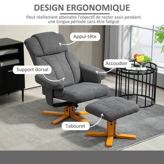 Fauteuil relax avec repose-pied, fauteuil de relaxation, dossier inclinable, assise rembourrée, 79x80x104cm, gris foncé - Image 7