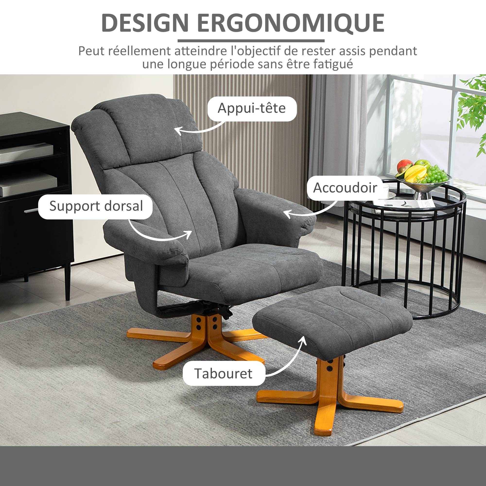 Fauteuil relax avec repose-pied, fauteuil de relaxation, dossier inclinable, assise rembourrée, 79x80x104cm, gris foncé - Image 7