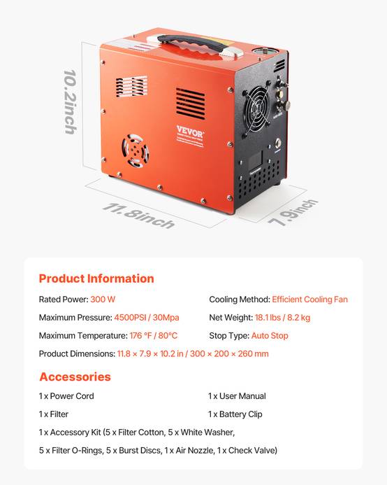 VEVOR Compresseur d'air PCP 300W 30MPa, convertisseur intégré, arrêt automatique, sans huile, pour pistolet a air. - Image 7