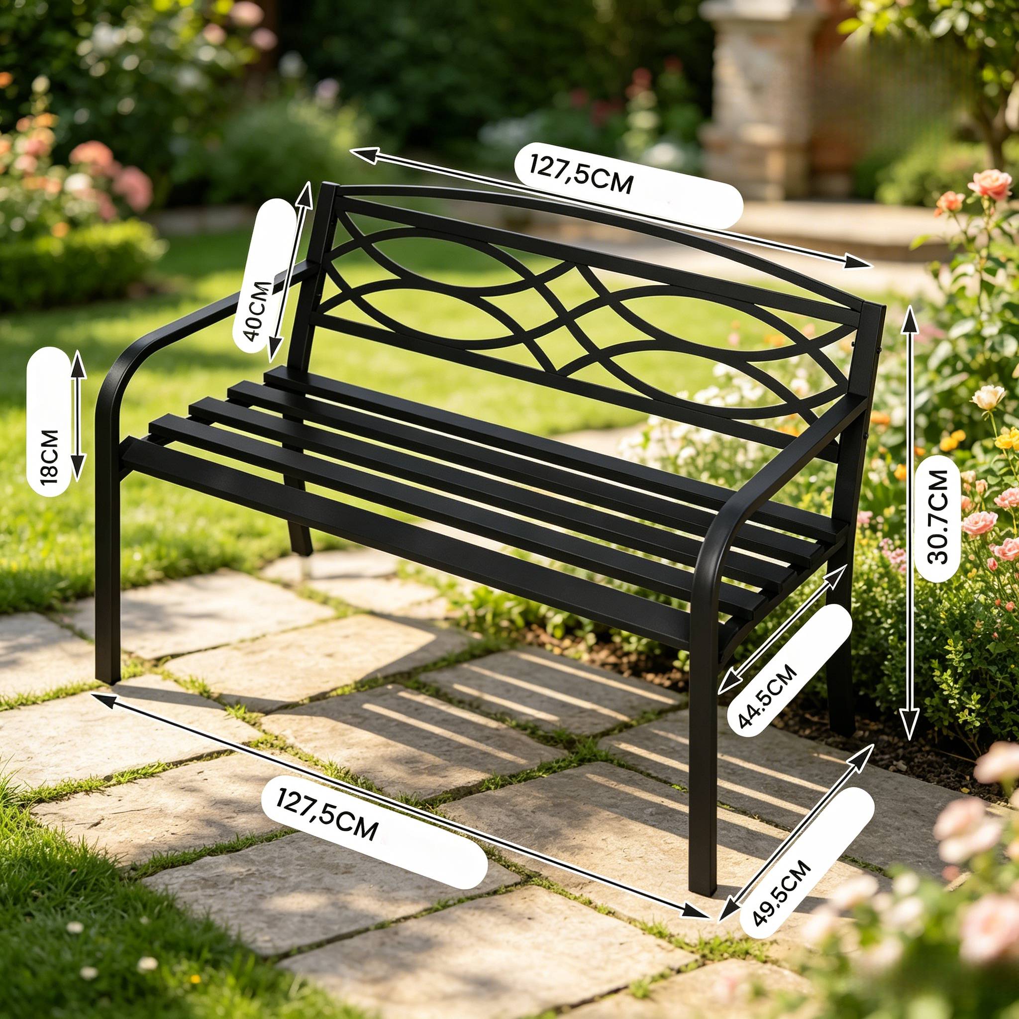 ComfortXL - Banc de jardin métal 2 à 3 places pour terrasse et parc dossier ergonomique 127cm noir - ComfortXL Outdoor Living - Image 3