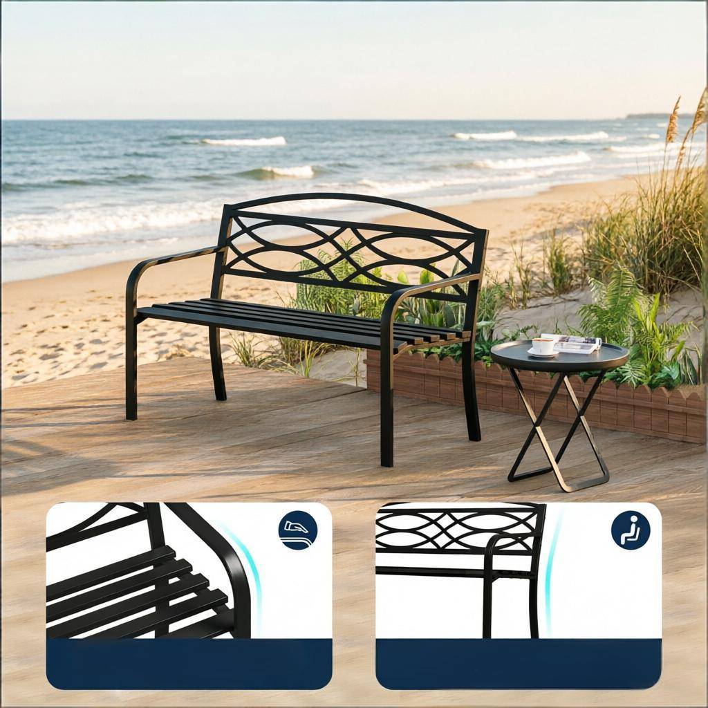 ComfortXL - Banc de jardin métal 2 à 3 places pour terrasse et parc dossier ergonomique 127cm noir - ComfortXL Outdoor Living - Image 5