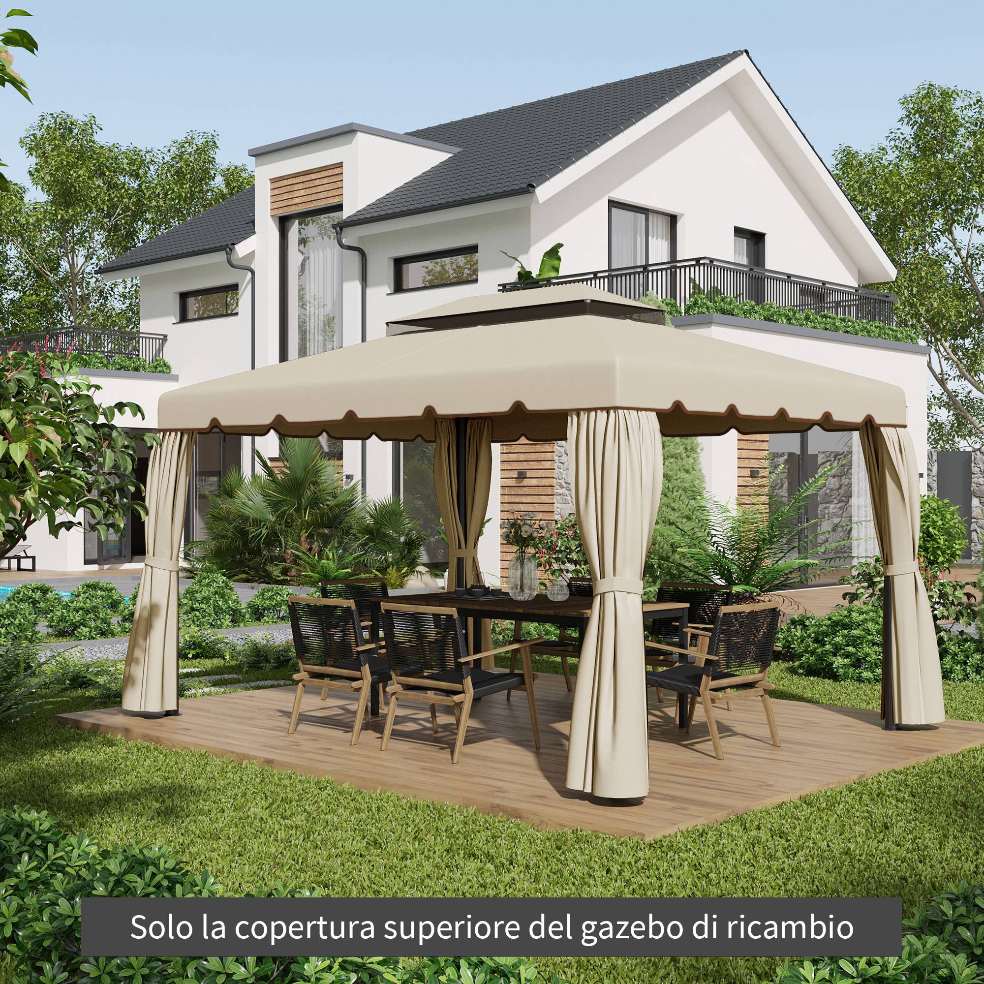 Toile remplacement tonnelle jardin 3x4 m toit deux niveaux polyester beige - Image 4