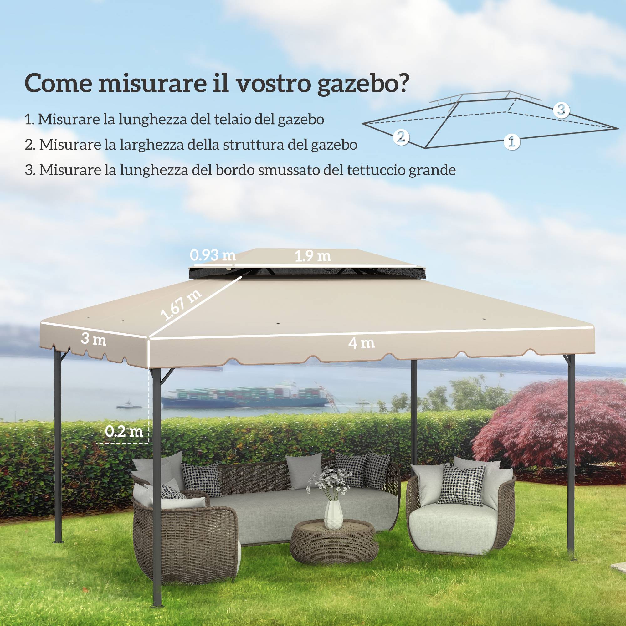 Toile remplacement tonnelle jardin 3x4 m toit deux niveaux polyester beige - Image 5