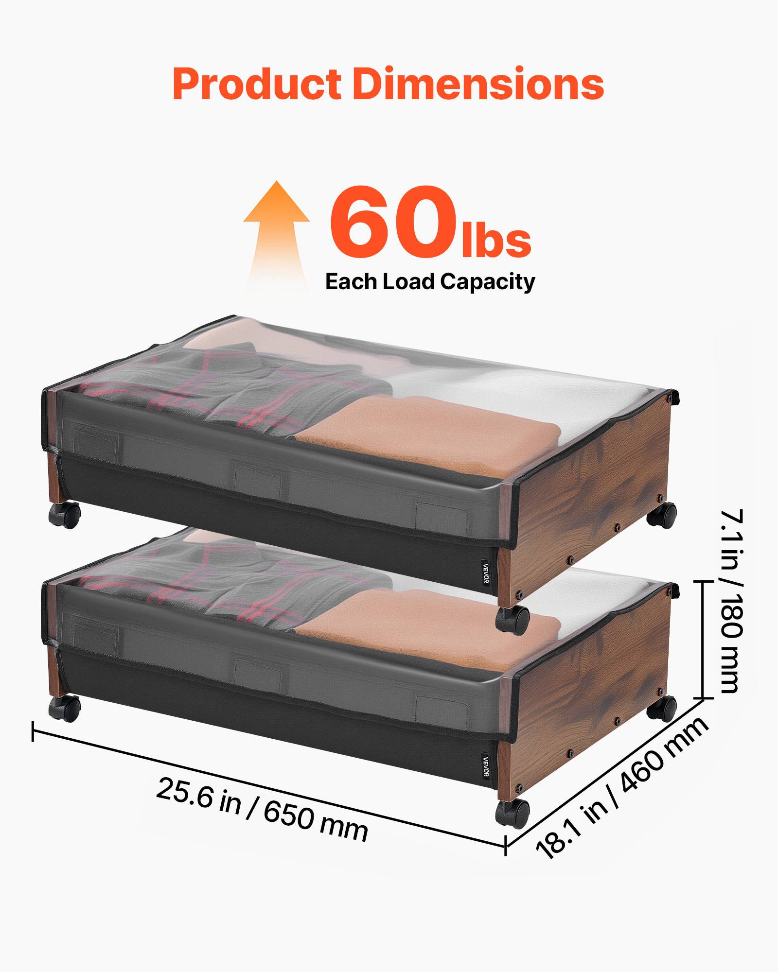 VEVOR Sacs rangement sous lit, roulettes verrouillables, 65x46x18cm, 2pcs, couvertures. - Image 3