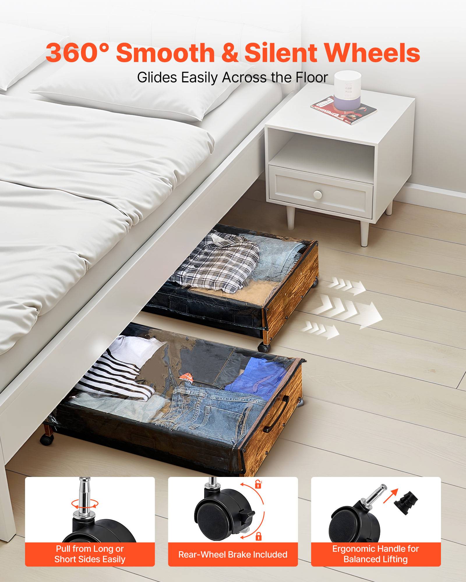 VEVOR Sacs rangement sous lit, roulettes verrouillables, 65x46x18cm, 2pcs, couvertures. - Image 7