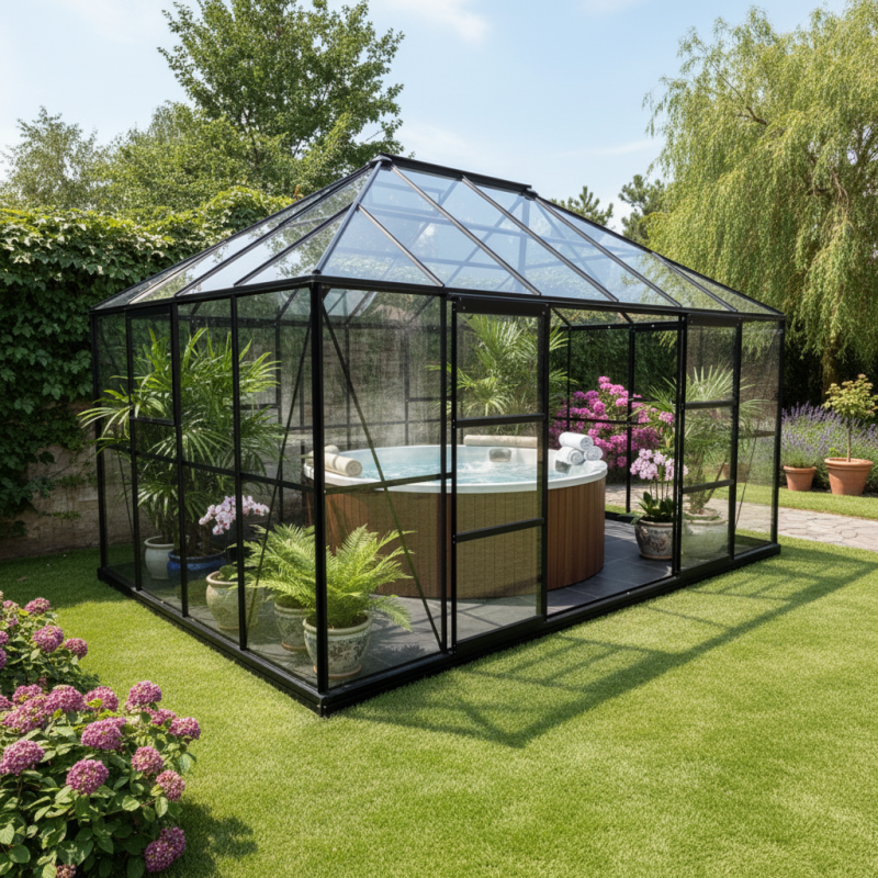 Serre de jardin 12m² en aluminium et verre trempé 4mm Duchesse Green Protect noir avec embase