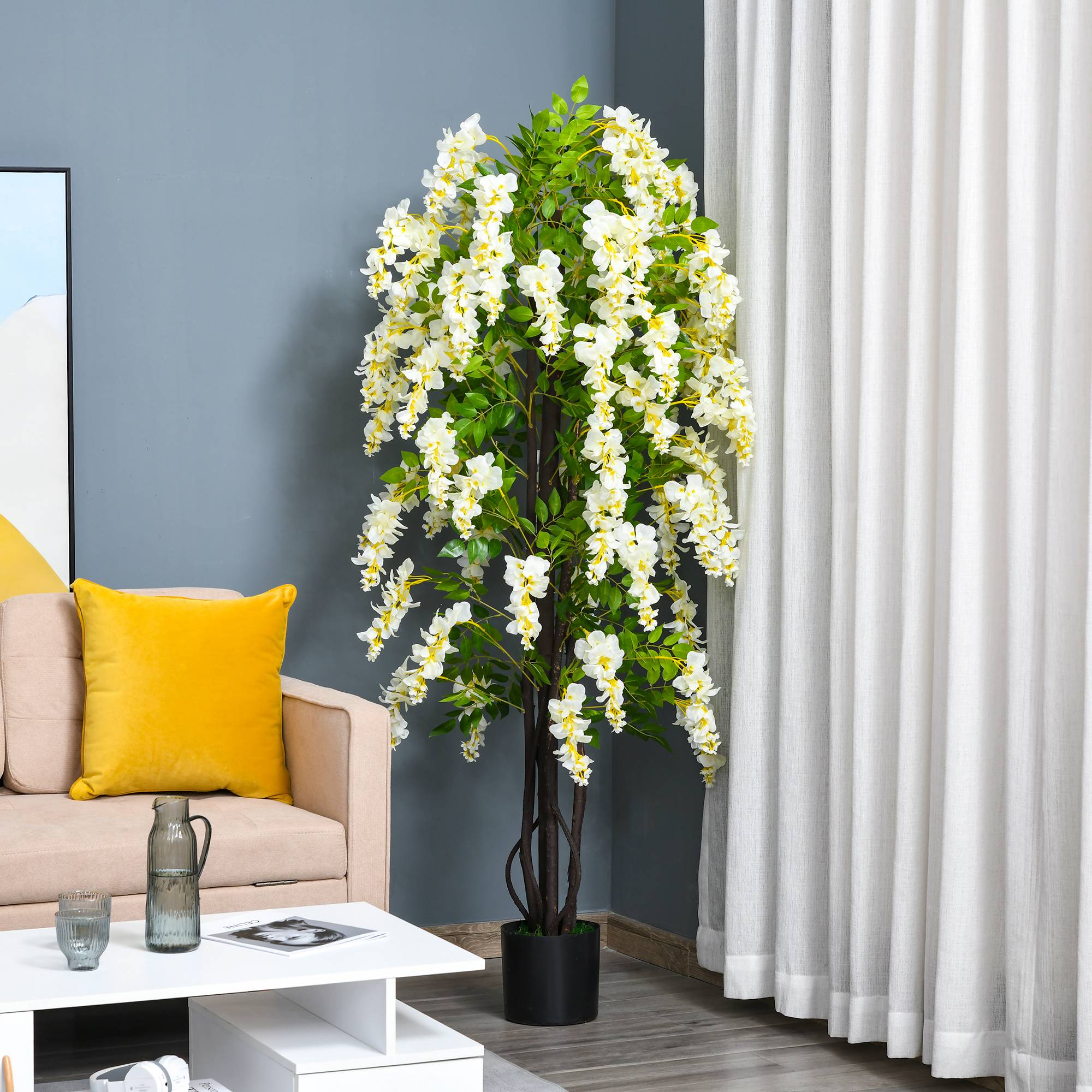Glycine artificielle en pot plastique intérieur extérieur fausse plante 165cm vert blanc - ComfortXL Outdoor Living - Image 3