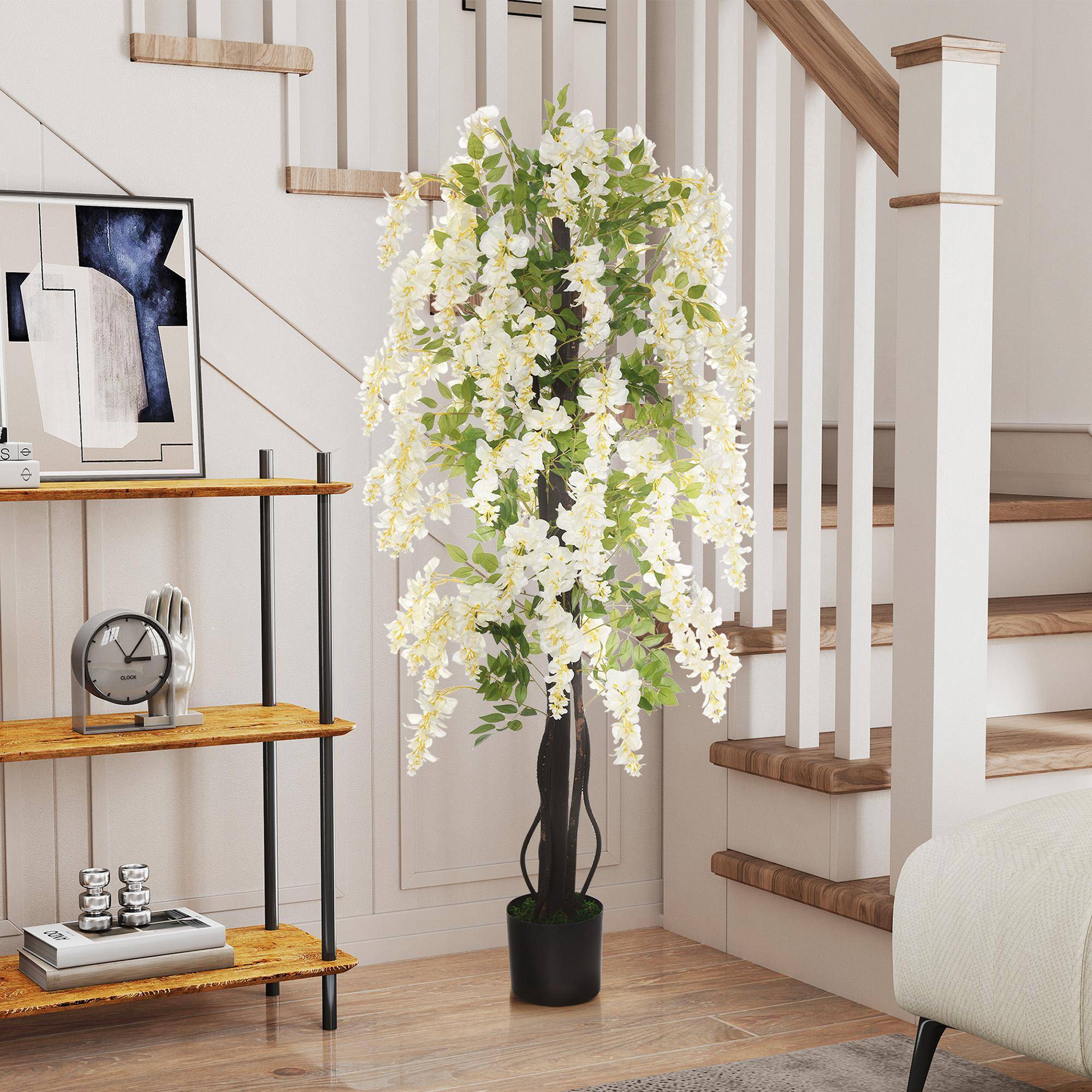 Glycine artificielle en pot plastique intérieur extérieur fausse plante 165cm vert blanc - ComfortXL Outdoor Living - Image 4
