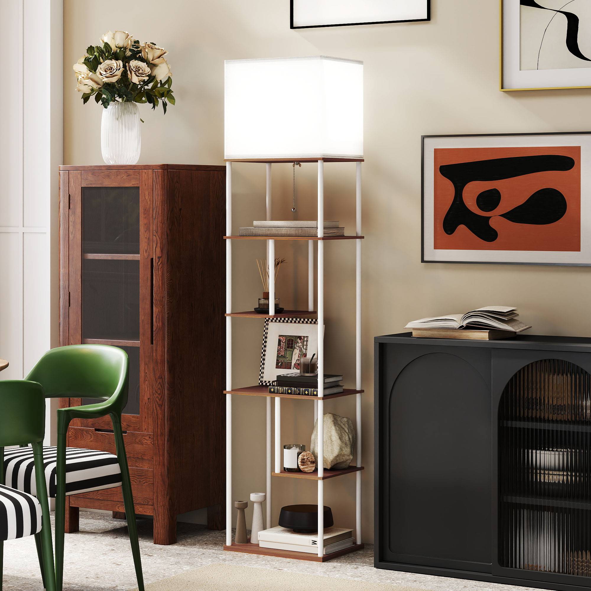 Lampadaire bois naturel à étagères 3000K–6500K télécommande et douille E27 - Image 9