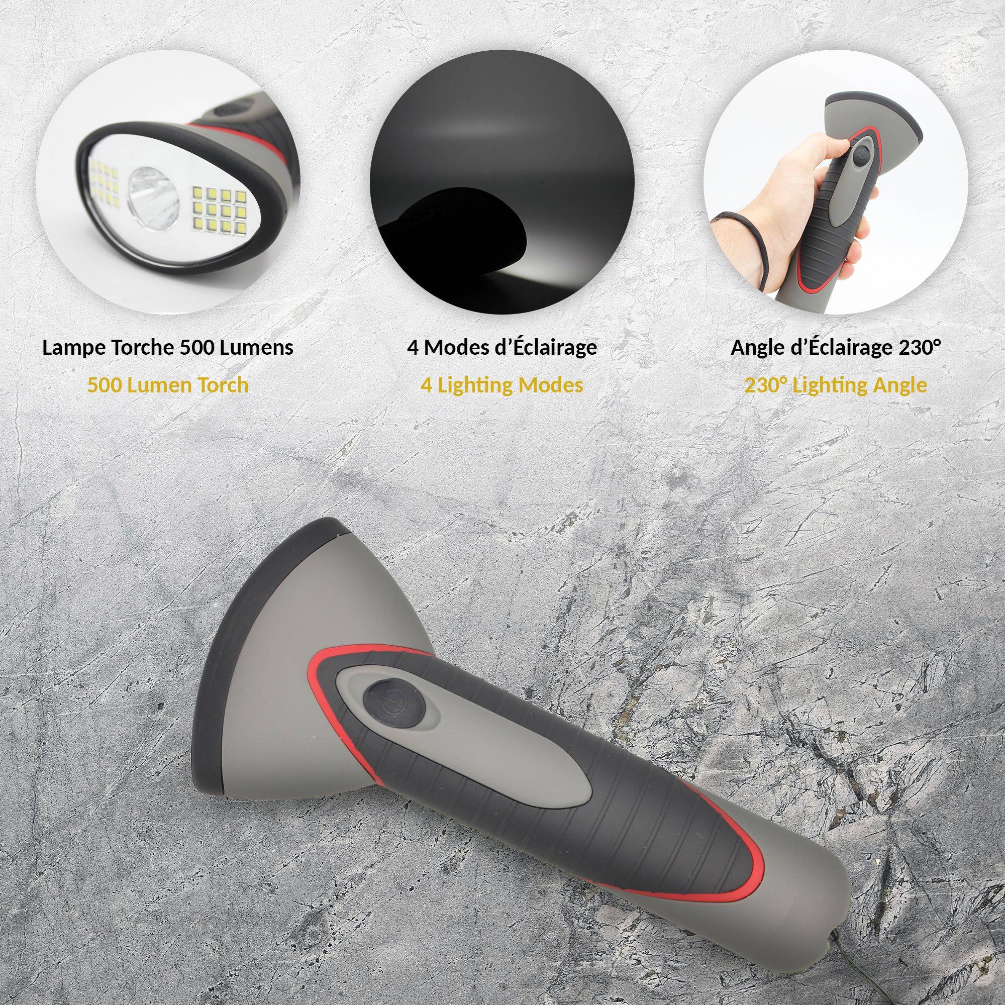 Lampe Torche Focus & Wide - LED Centrale 24 LEDs 4 Modes Soft Touch Portée 30 m - Image 3
