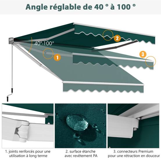 Store Banne Auvent Rétractable Manuel 295x250CM Angle Ajustable 40°-100° sans Perçage pour Balcon/Jardin Vert - Image 3