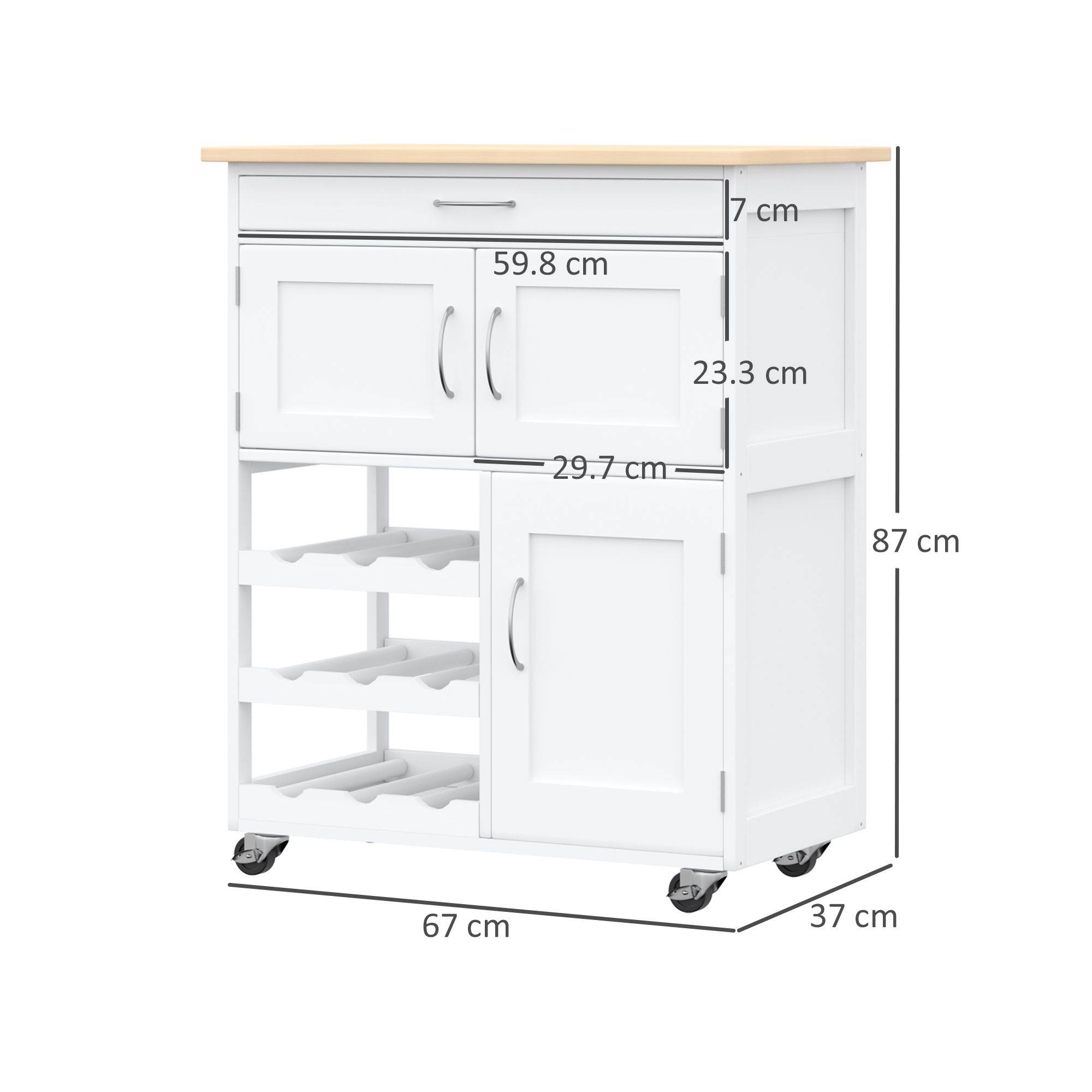 Sans Marque - Desserte cuisine 9 porte-bouteilles 3 portes 4 roulettes tiroir meuble gain place plateau bois hévéa salon 67x37x87 cm blanc chêne - Image 5