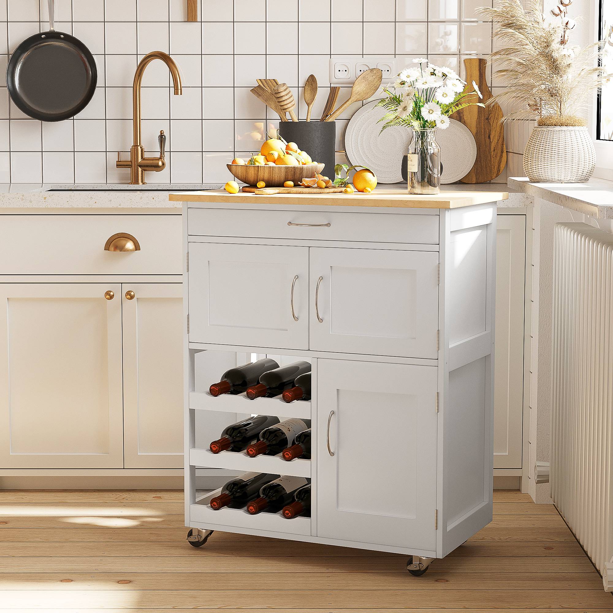 Sans Marque - Desserte cuisine 9 porte-bouteilles 3 portes 4 roulettes tiroir meuble gain place plateau bois hévéa salon 67x37x87 cm blanc chêne - Image 3