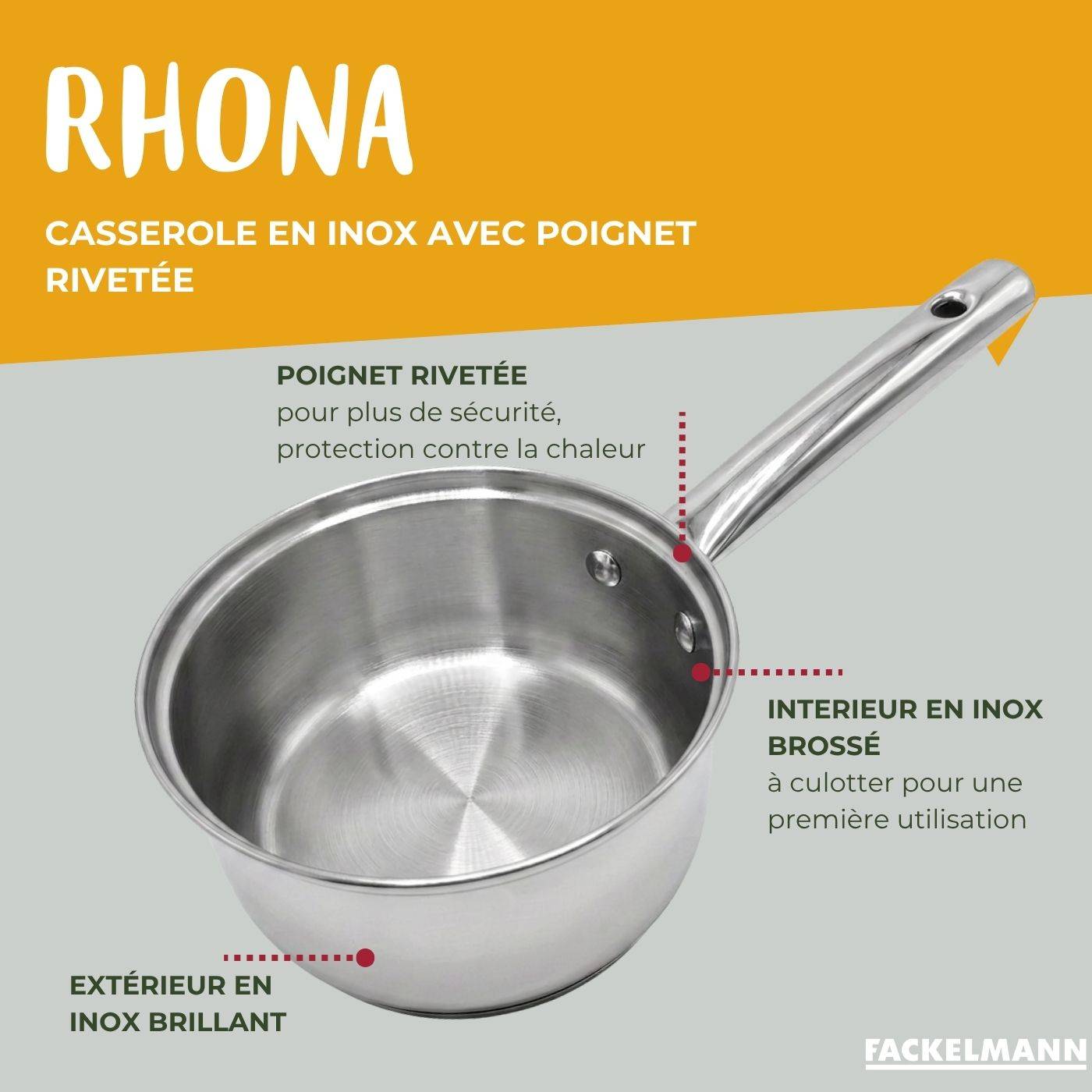 Lot de 3 casseroles en inox 18/20/22 cm et 2 poêles à frire en inox 20/28 cm Fackelmann Rhona - Image 2