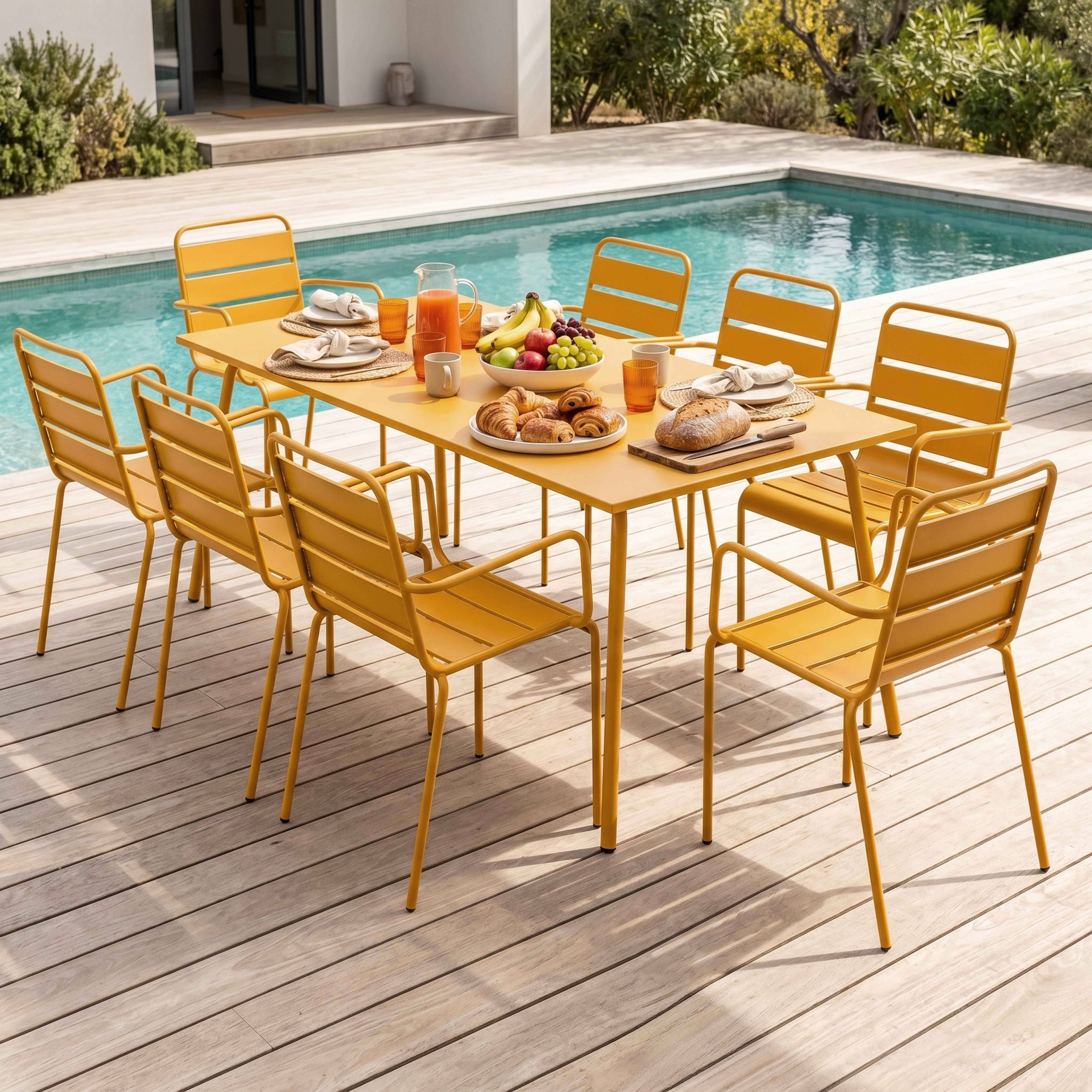 Oviala - Ensemble table de jardin et 8 fauteuils en métal jaune Palavas - Oviala - Imagen 2
