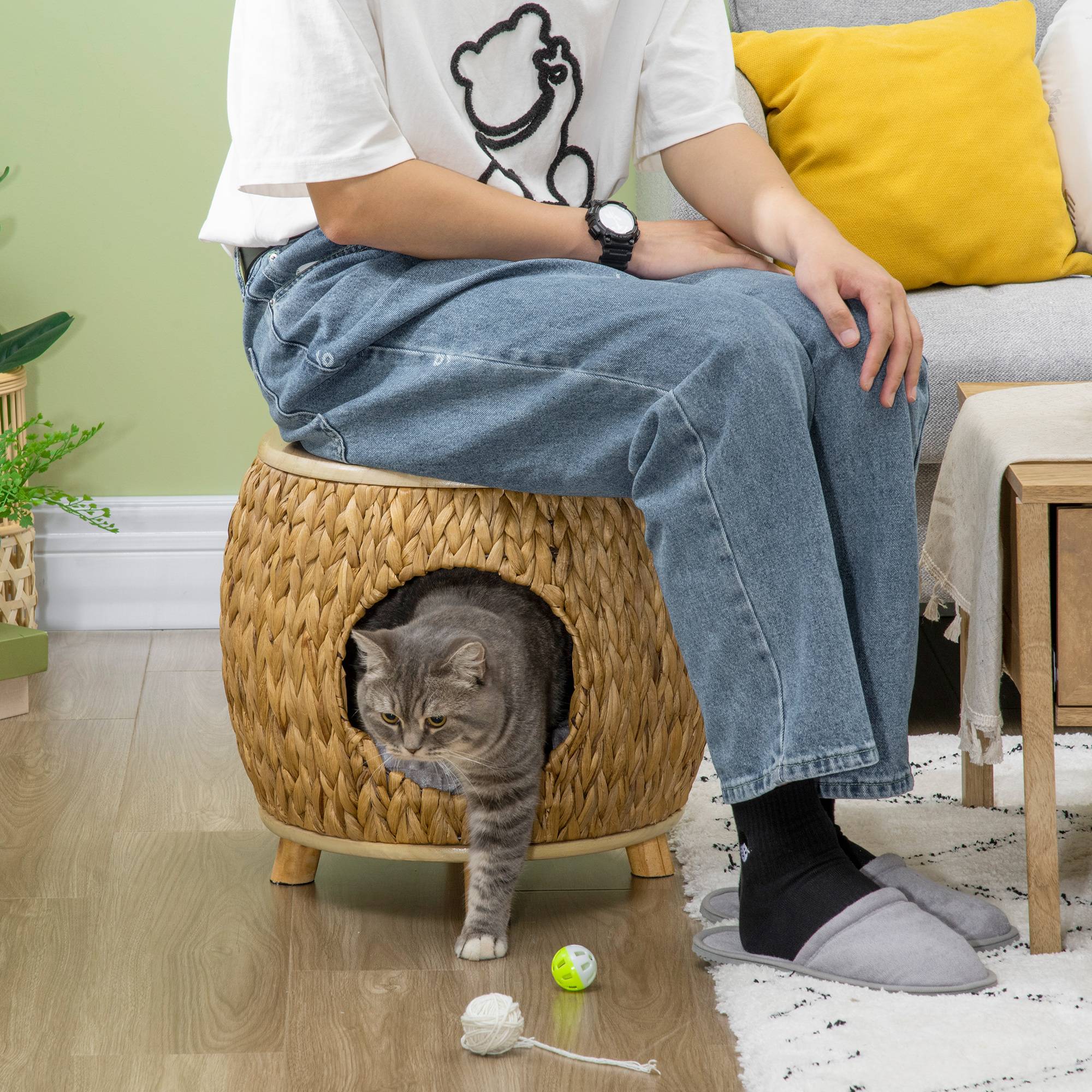 Niche chat jacinthe d'eau coussin lavable 44x43x42 cm brun clair+bois naturel+gris - Image 10