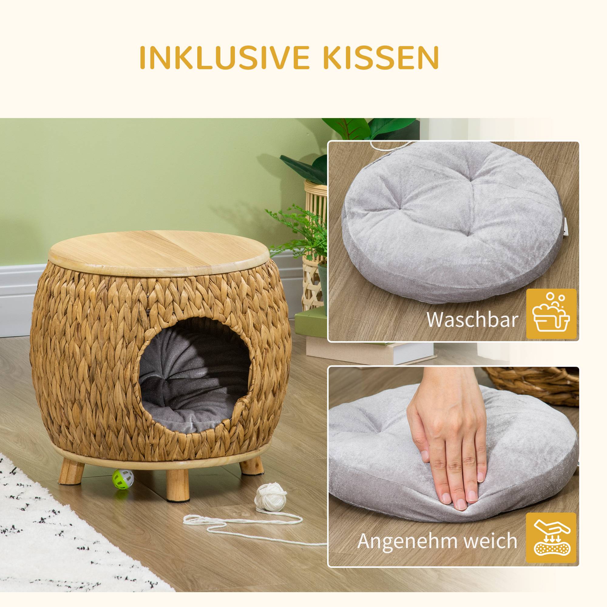 Niche chat jacinthe d'eau coussin lavable 44x43x42 cm brun clair+bois naturel+gris - Image 8