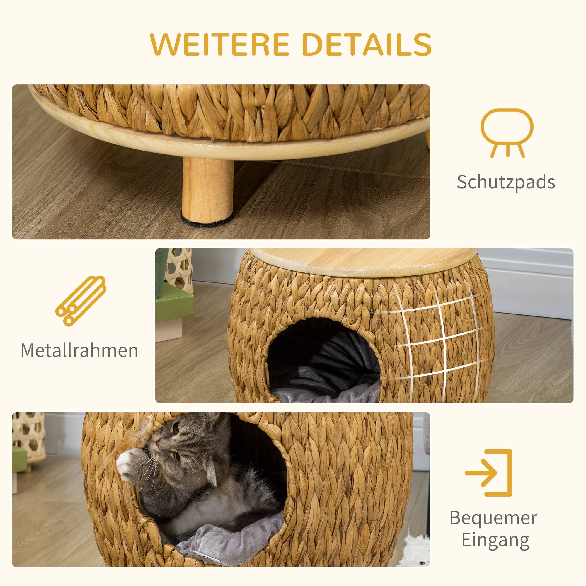 Niche chat jacinthe d'eau coussin lavable 44x43x42 cm brun clair+bois naturel+gris - Image 9