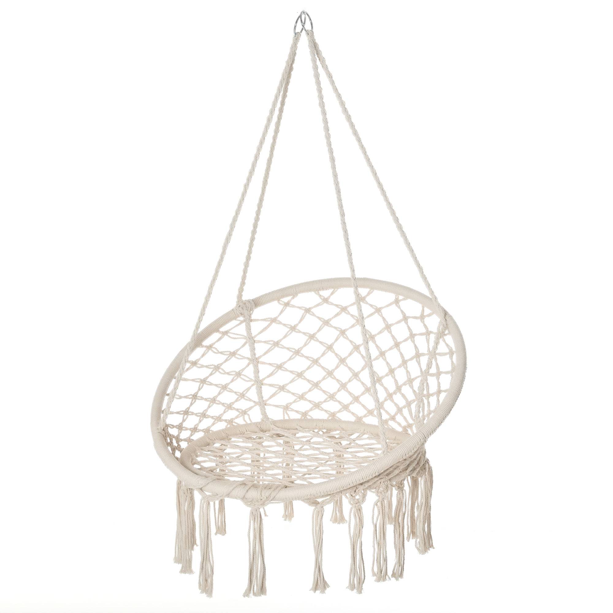Fauteuil suspendu macramé coton jardin dossier rond enveloppant 80cm beige - ComfortXL Outdoor Living - Image 1