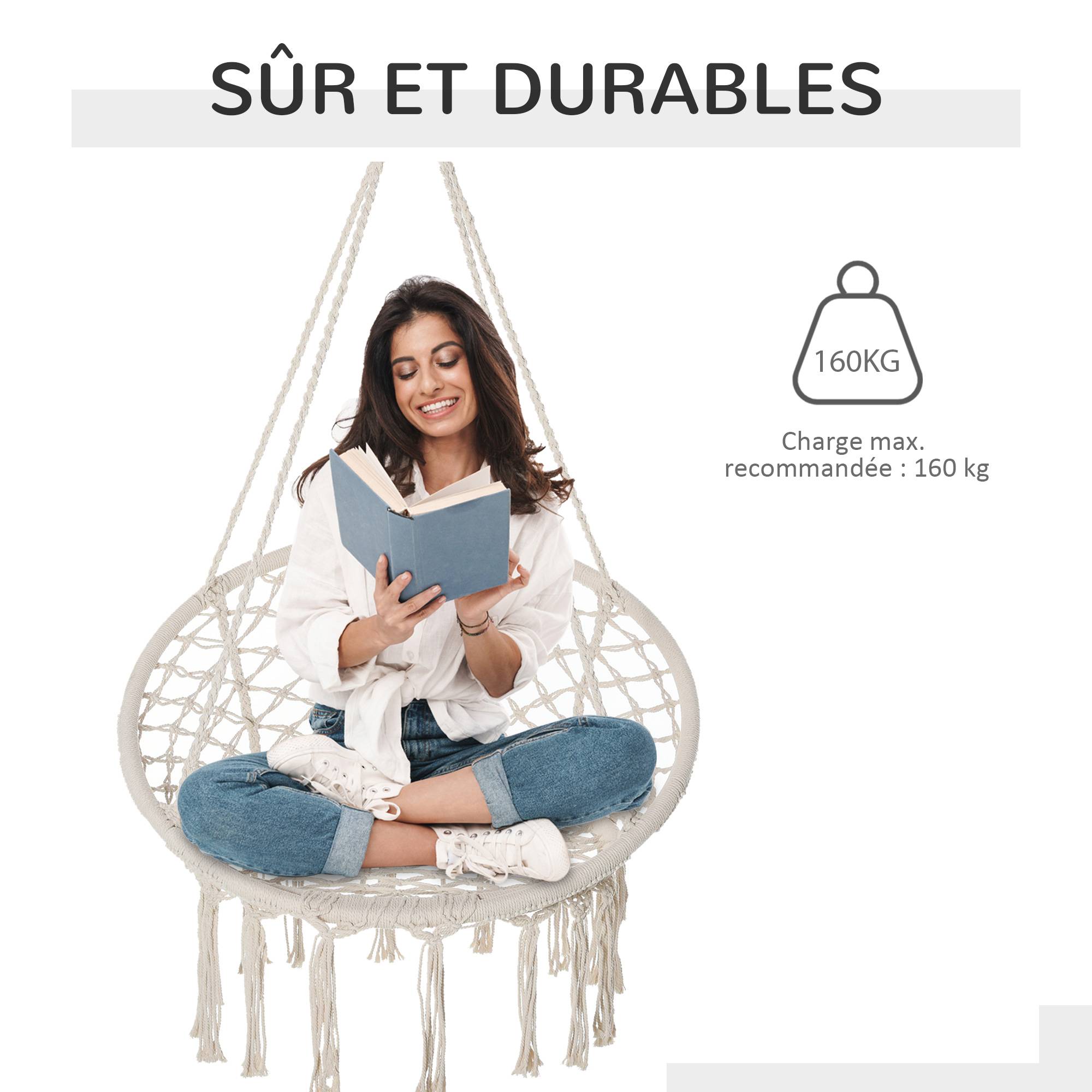 Fauteuil suspendu macramé coton jardin dossier rond enveloppant 80cm beige - ComfortXL Outdoor Living - Image 7