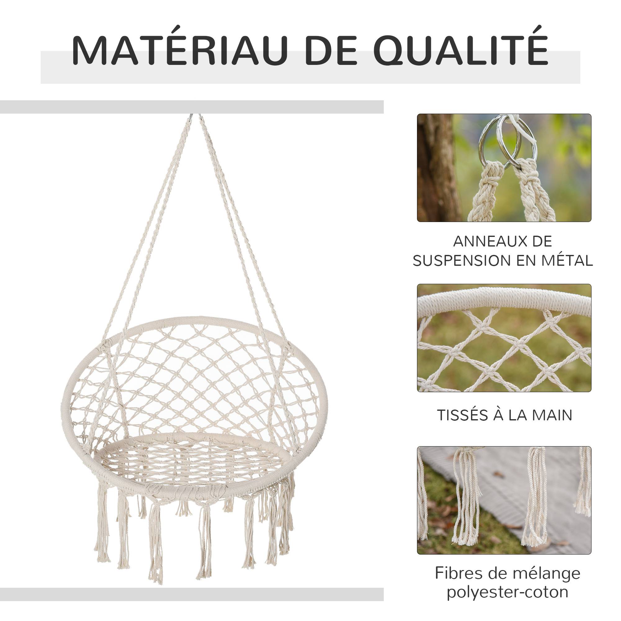 Fauteuil suspendu macramé coton jardin dossier rond enveloppant 80cm beige - ComfortXL Outdoor Living - Image 6